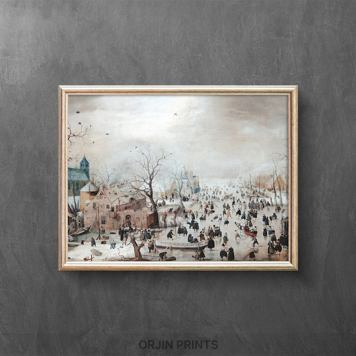 Lively Frozen River Village Skaters Church Dutch Golden Age Art Poster