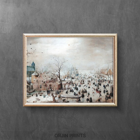 Lively Frozen River Village Skaters Church Dutch Golden Age Art Poster