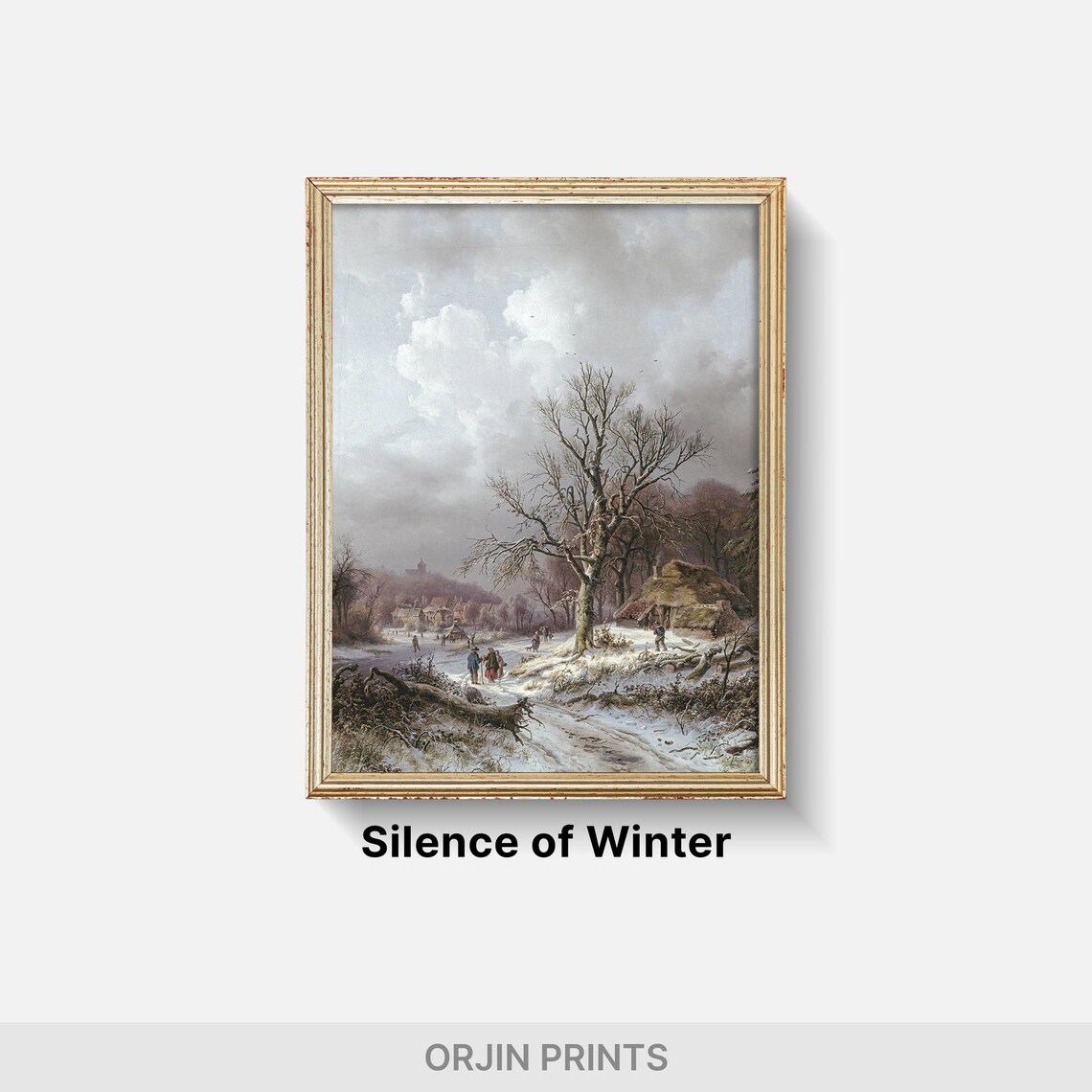Snowy Village Path Bare Trees Cottages Church Spire Winter Art Poster - Image 2