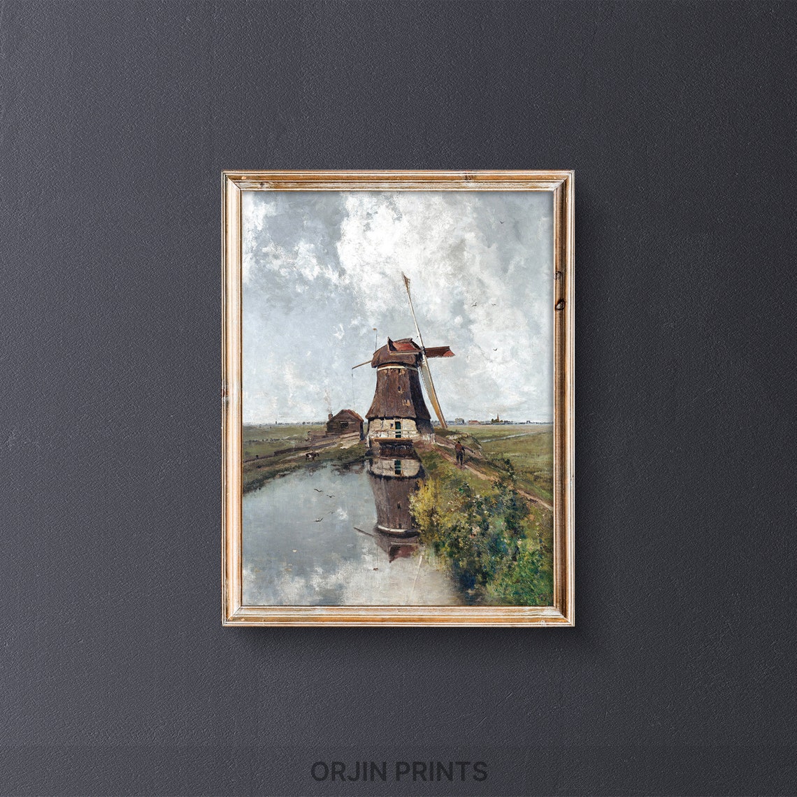 Dutch Windmill Canal Reflection Cloudy Sky Vintage Art Poster