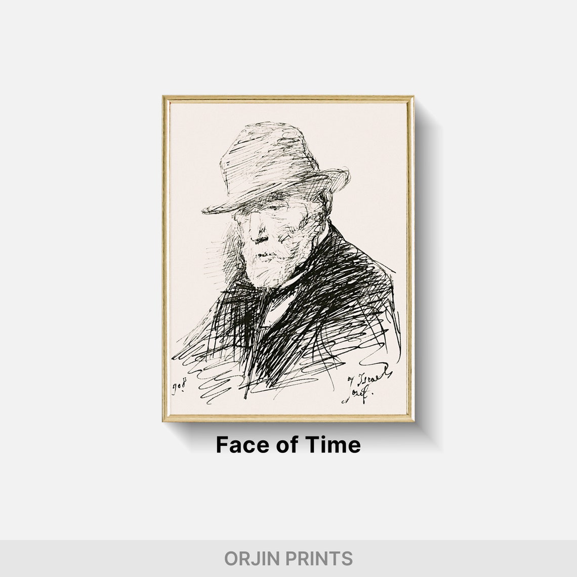 Elderly Man With Hat Ink Sketch Vintage Portrait Drawing Style Print - Image 2