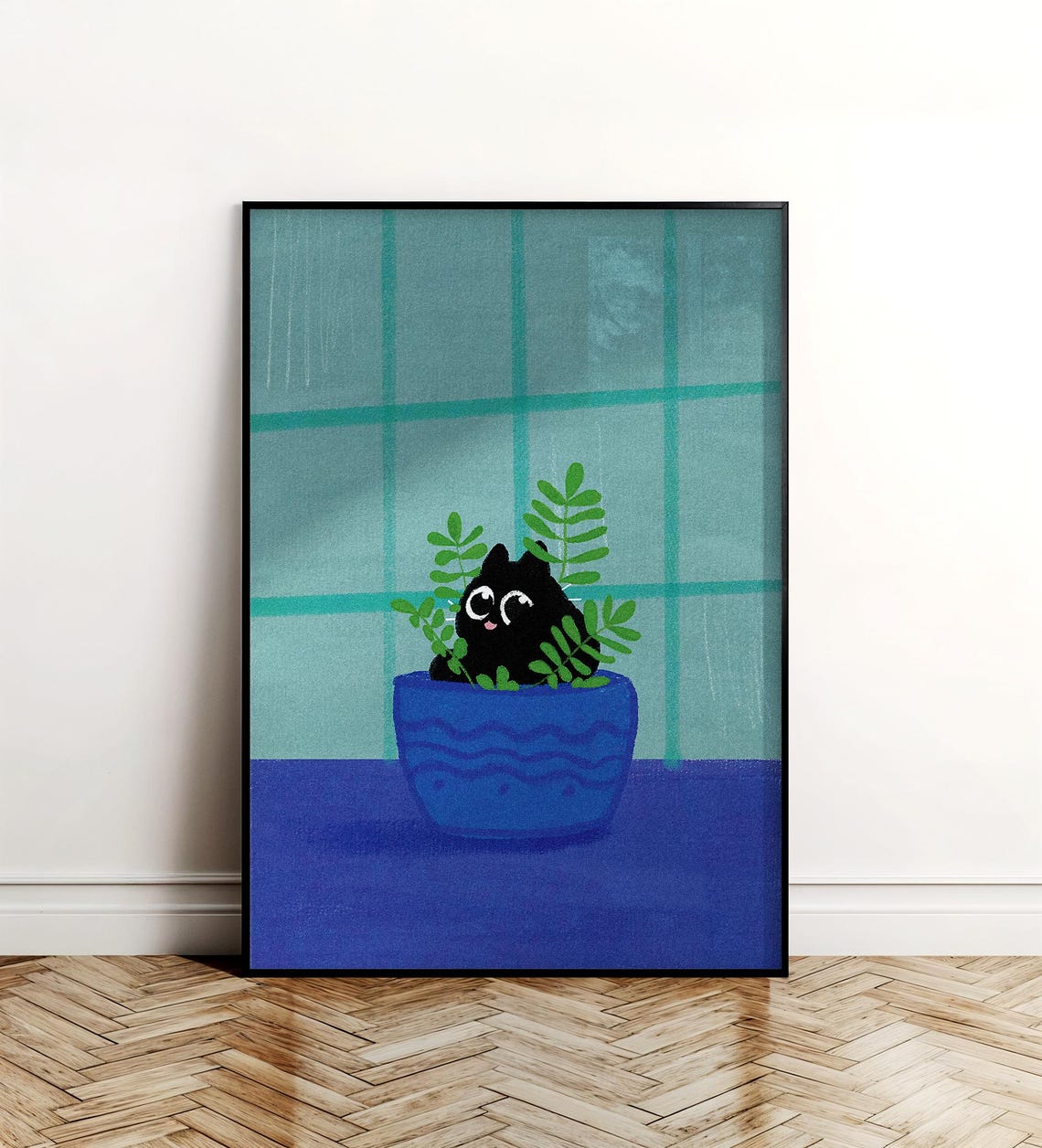 Cat In Plant Pot Whimsical Blue Illustration Cute Kitten Poster
