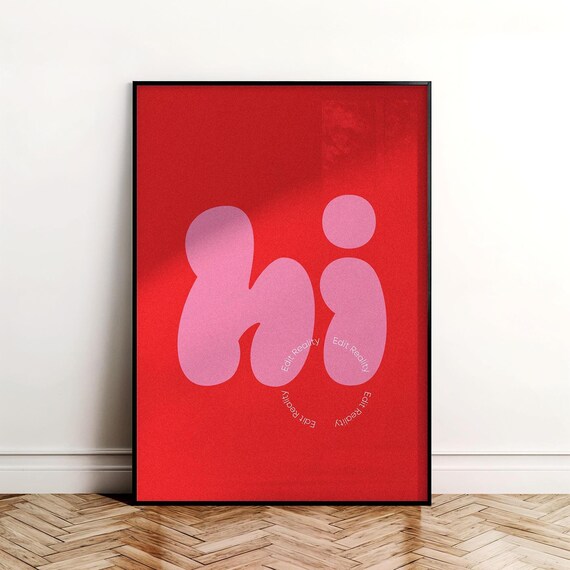 Hi Pink Bubble Letters Red Background Pop Typography Minimal Art Print