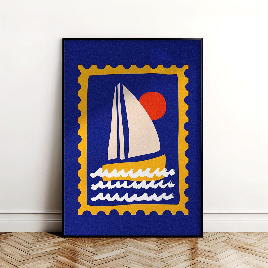 Sailboat Postage Stamp Pop Art Navy Gold Red Sunset Nautical Decor Poster