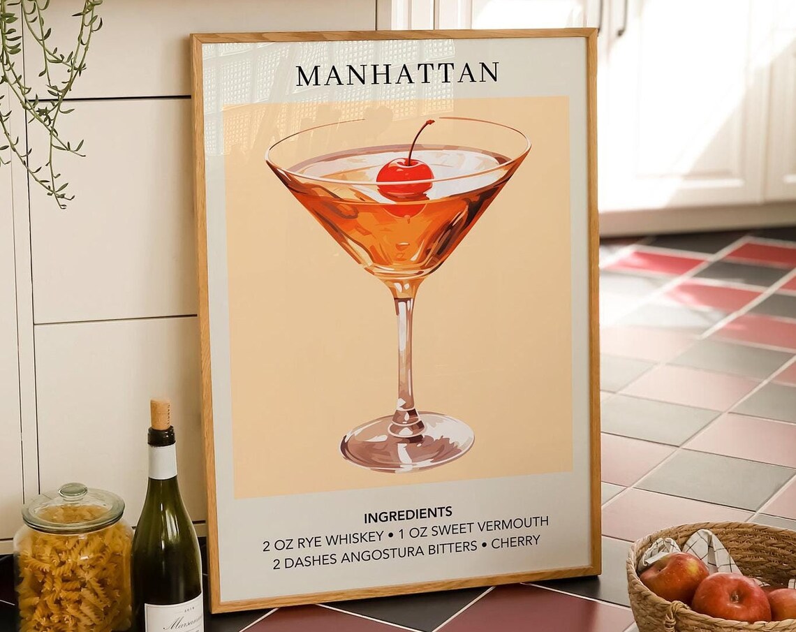 Manhattan Cocktail Art Print, Trendy Whiskey Poster