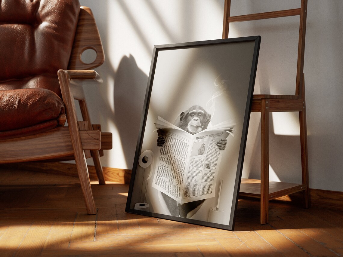 Black and White Monkey Reading Newspaper Toilet Humour Art Poster - Image 3