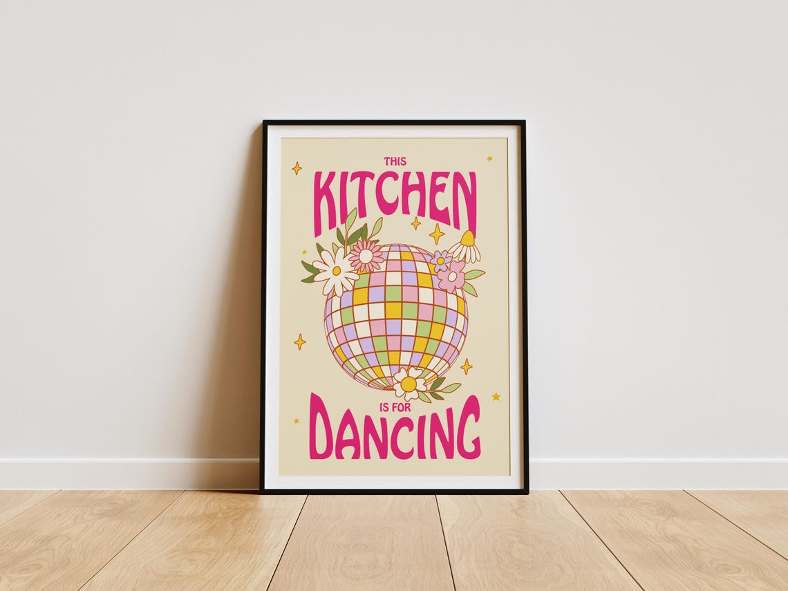This Kitchen is for Dancing Groovy Floral Disco Ball Quote Poster - Image 3