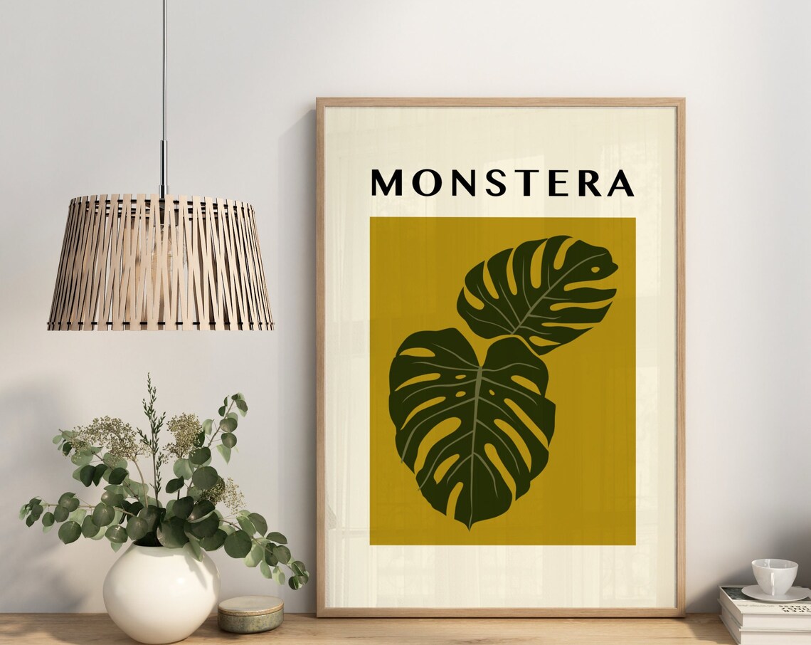 Monstera Bold Botanical Mustard Green Graphic Plant Wall Poster - Image 2