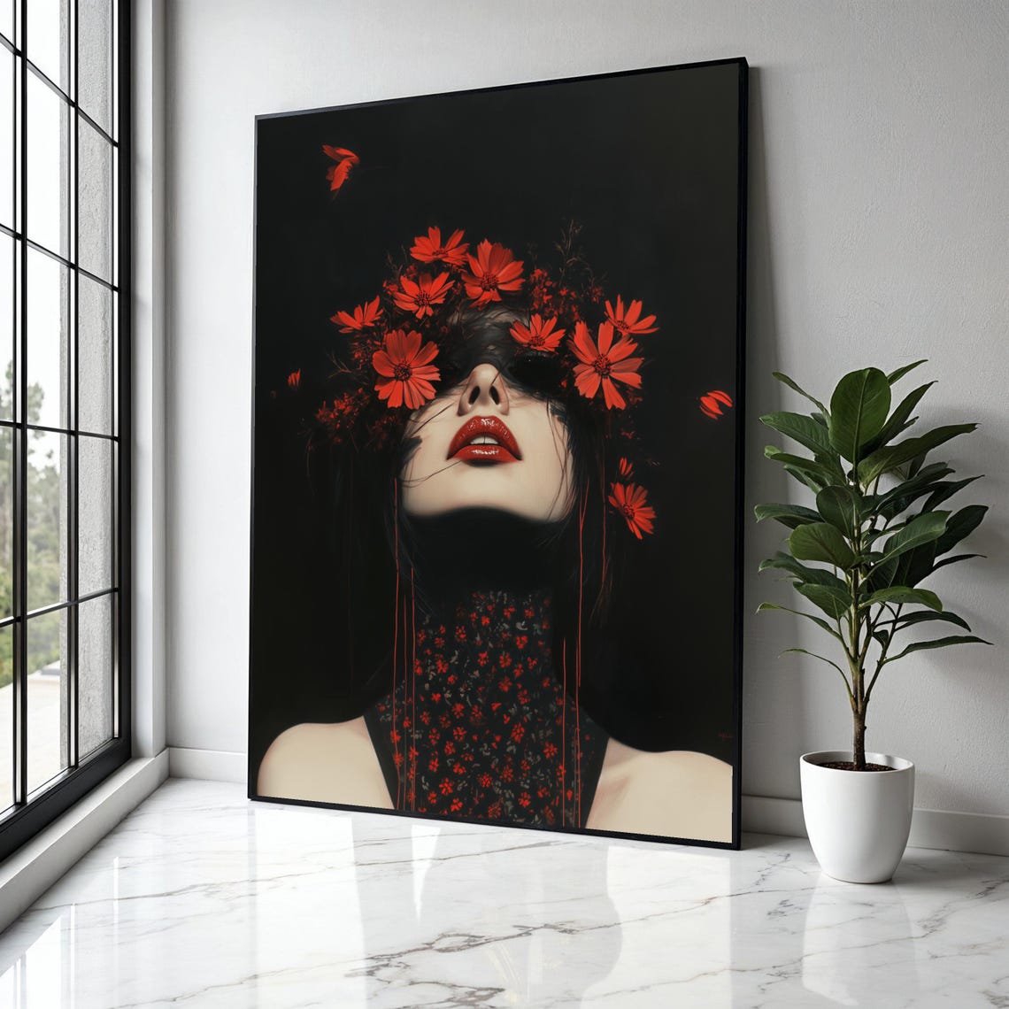 Dark Beauty Red Blossom Crown Dramatic Gothic Floral Portrait Poster