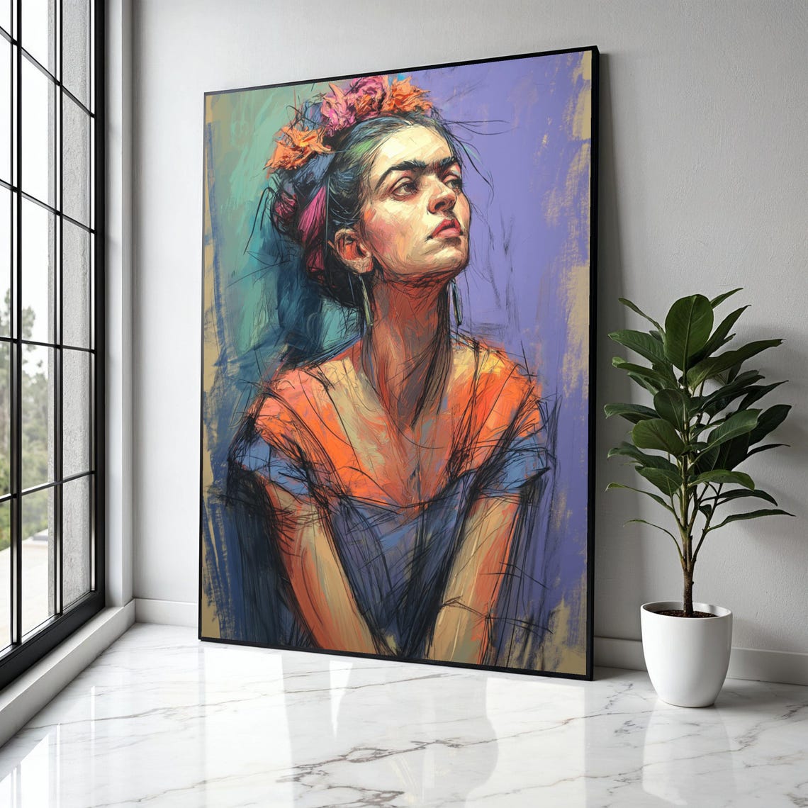 Frida Inspired Portrait Canvas Abstract Woman Wall Art Colorful Expressionist Painting Modern Home Gift Decor Print