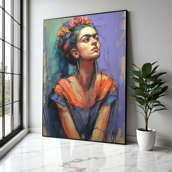 Frida Kahlo Abstract Sketch Portrait Purple Background Poster