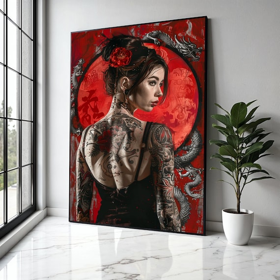 Tattooed Woman Red Flower Hairpiece Silver Dragon Sun Poster
