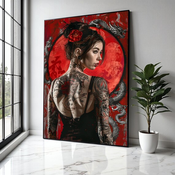 Tattooed Woman With Red Rose Hairpiece Dragon And Asian Symbols Canvas Wall Art Modern Japanese Style Bold Gift Home Decor Print