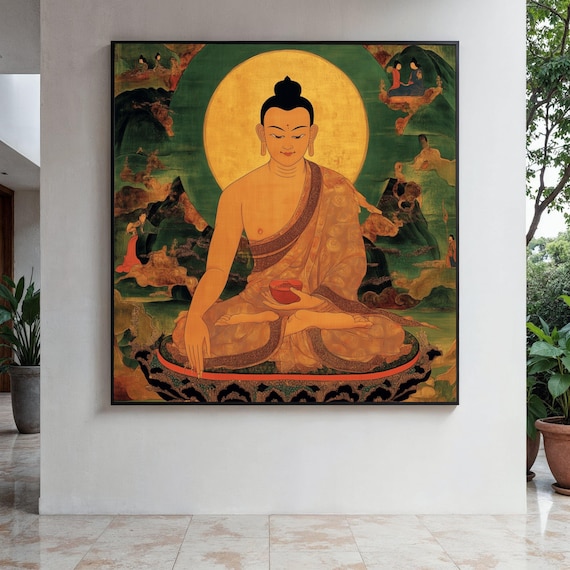 Thangka Buddha Alms Bowl Green Mountains Golden Halo Zen Art Poster