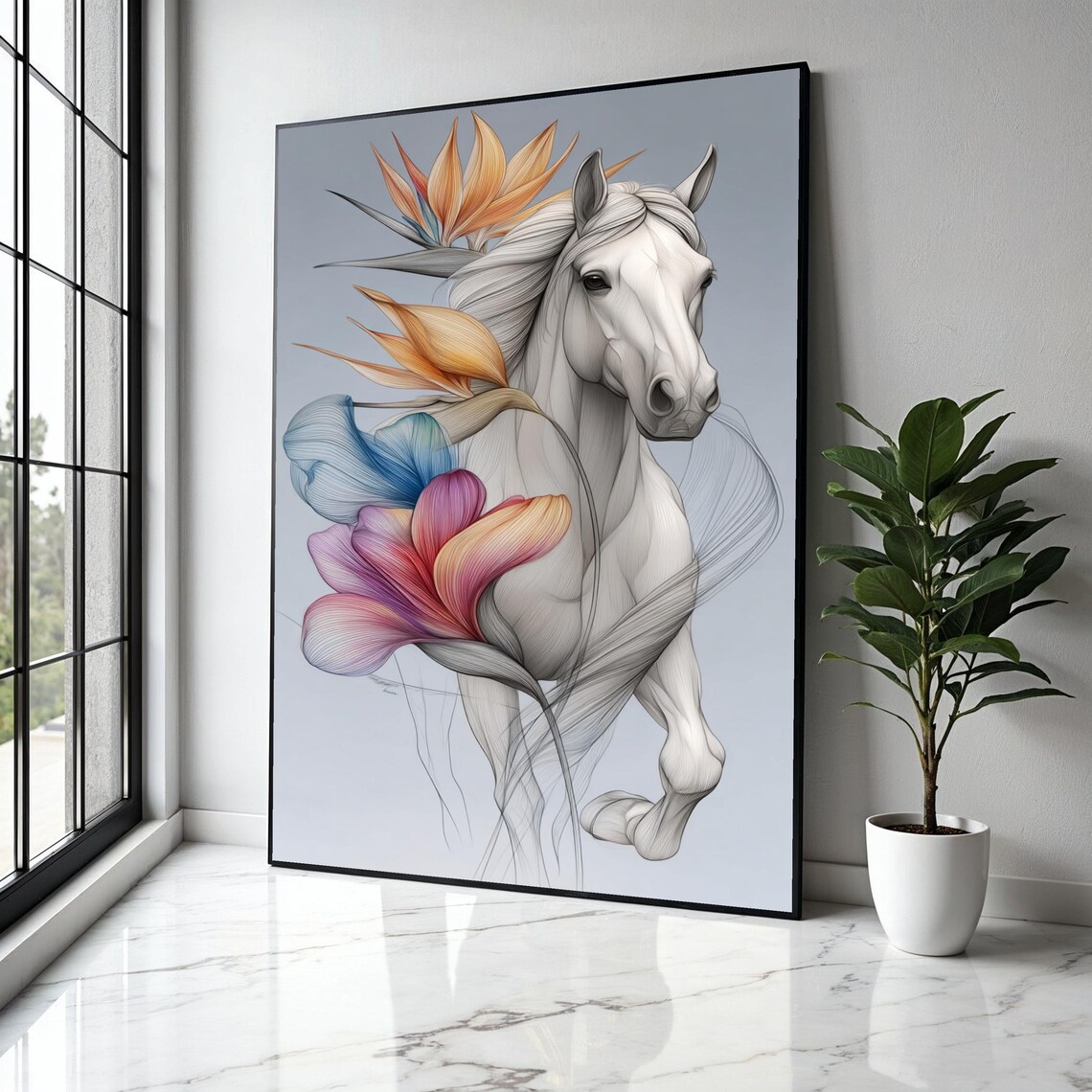White Horse With Bird of Paradise Flowers Pastel Art Painting Poster