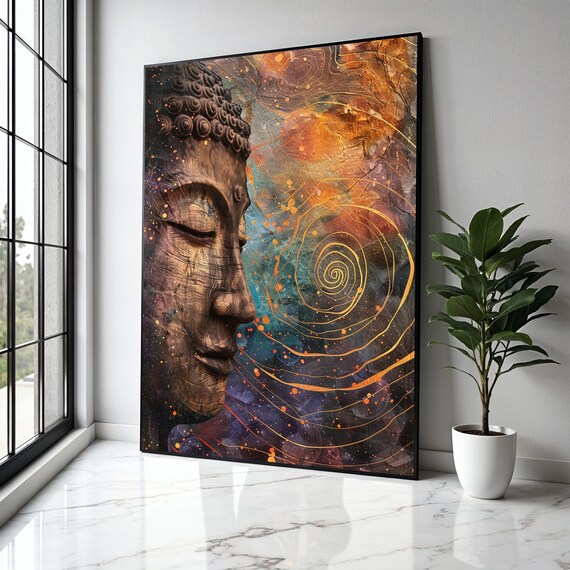 Buddha Profile Bronze Texture Golden Spiral Cosmic Art Poster
