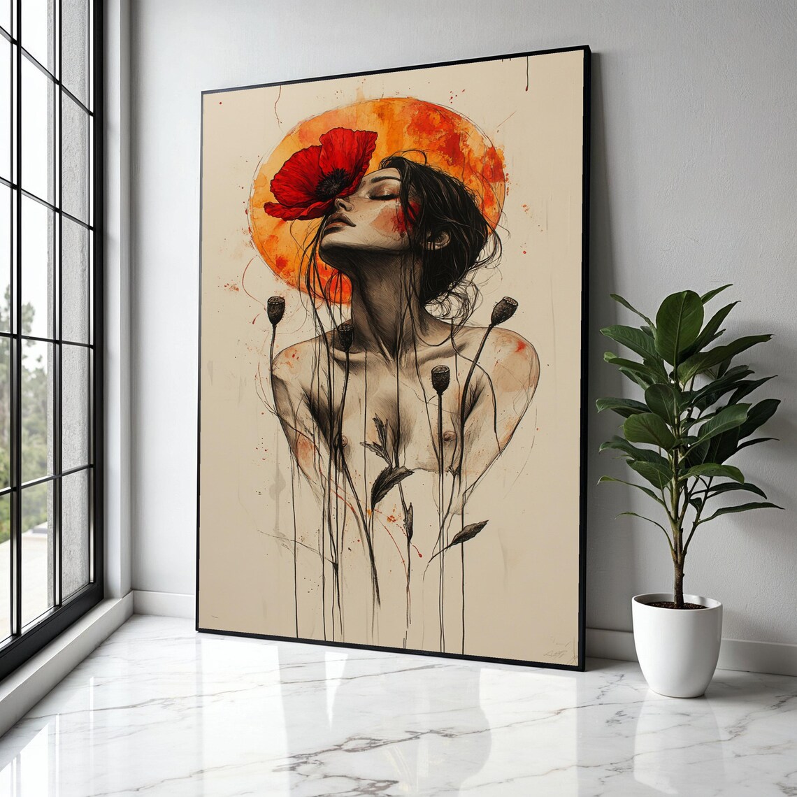 Woman Red Poppy Face Orange Sun Sketch Floral Ethereal Poster