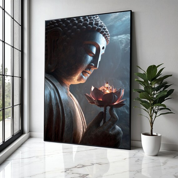Buddha Statue Holding A Glowing Lotus With A Tiny City Of Lights Poster