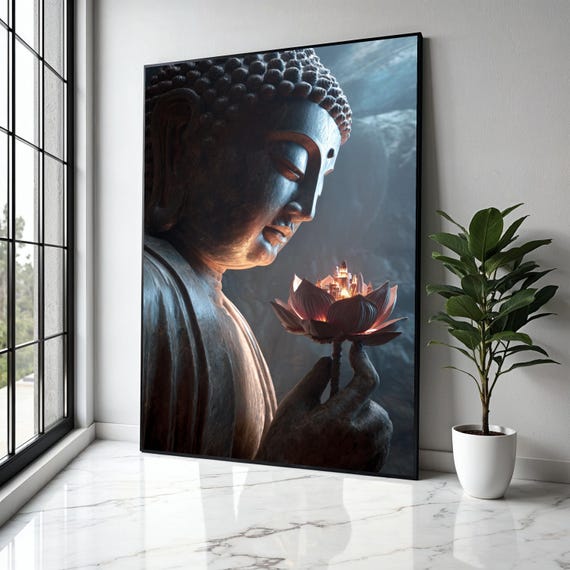Serene Buddha Statue Canvas Flower With City Light Spiritual Meditation Wall Art Zen Home Decor Gift Print