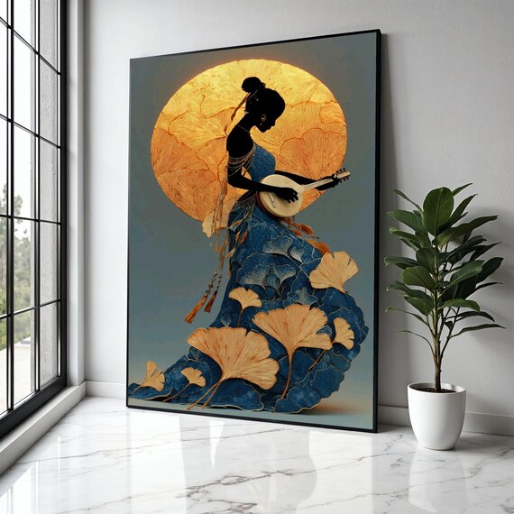 Woman Playing Lute Silhouette Against A Giant Golden Ginkgo Moon Poster