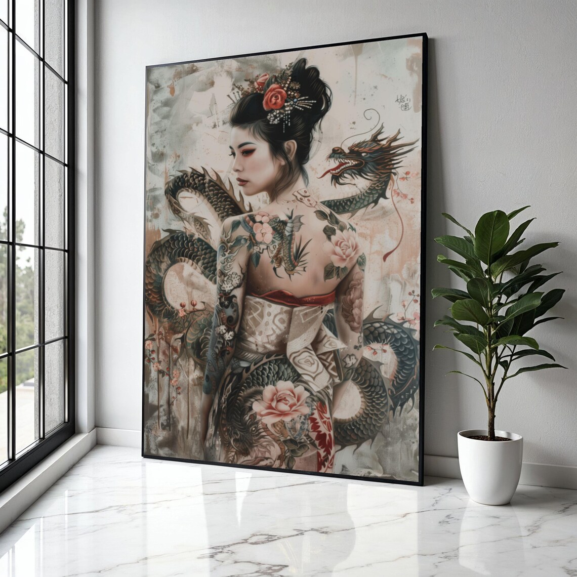 Soft Watercolor Geisha With Dragon And Floral Back Tattoo Poster