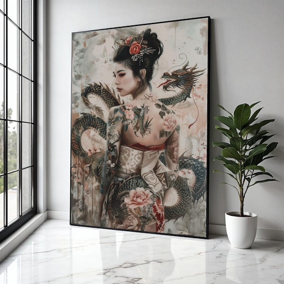 Elegant Asian Woman With Dragon Tattoo Canvas Japanese Style Art Floral Design Fantasy Wall Decor Gift Home Print