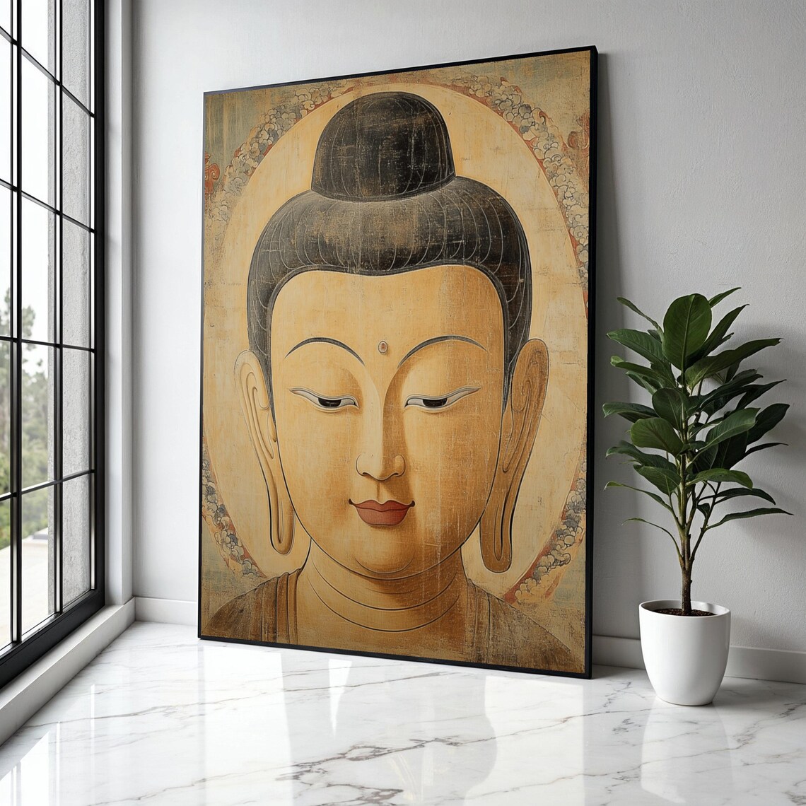 Ancient Temple Buddha Face Close Up Gold Aged Spiritual Art Poster
