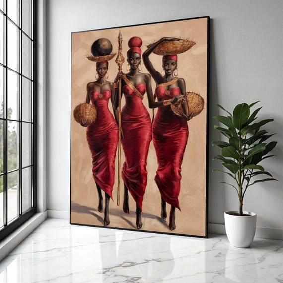 Elegant African Women In Red Dresses Canvas Cultural Figurative Wall Art Ethnic Home Decor Contemporary Gift Print