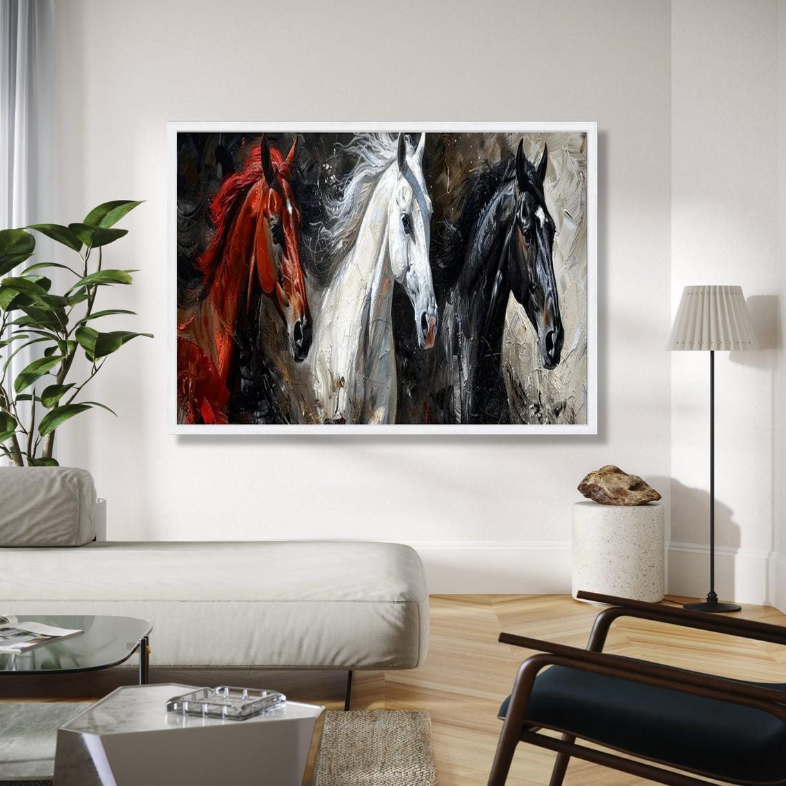 Trio Horses Red White Black Running Bold Equestrian Art Poster