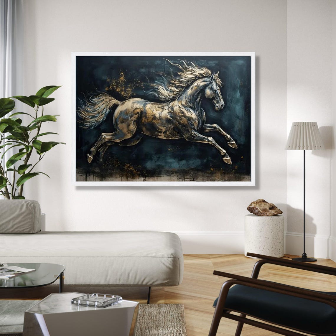 Galloping Horse Metallic Gold Paint Dark Equestrian Art Poster