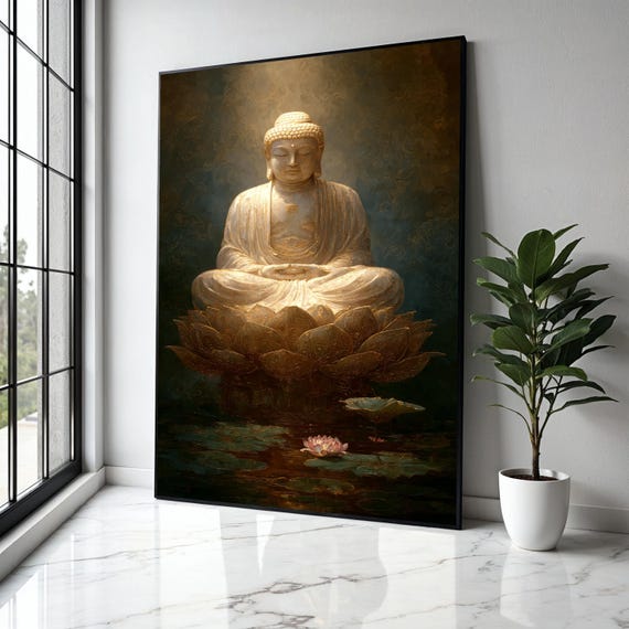 Golden Buddha Meditation Canvas Flower Wall Art Spiritual Home Decoration Zen Buddhist Print Gift Decor