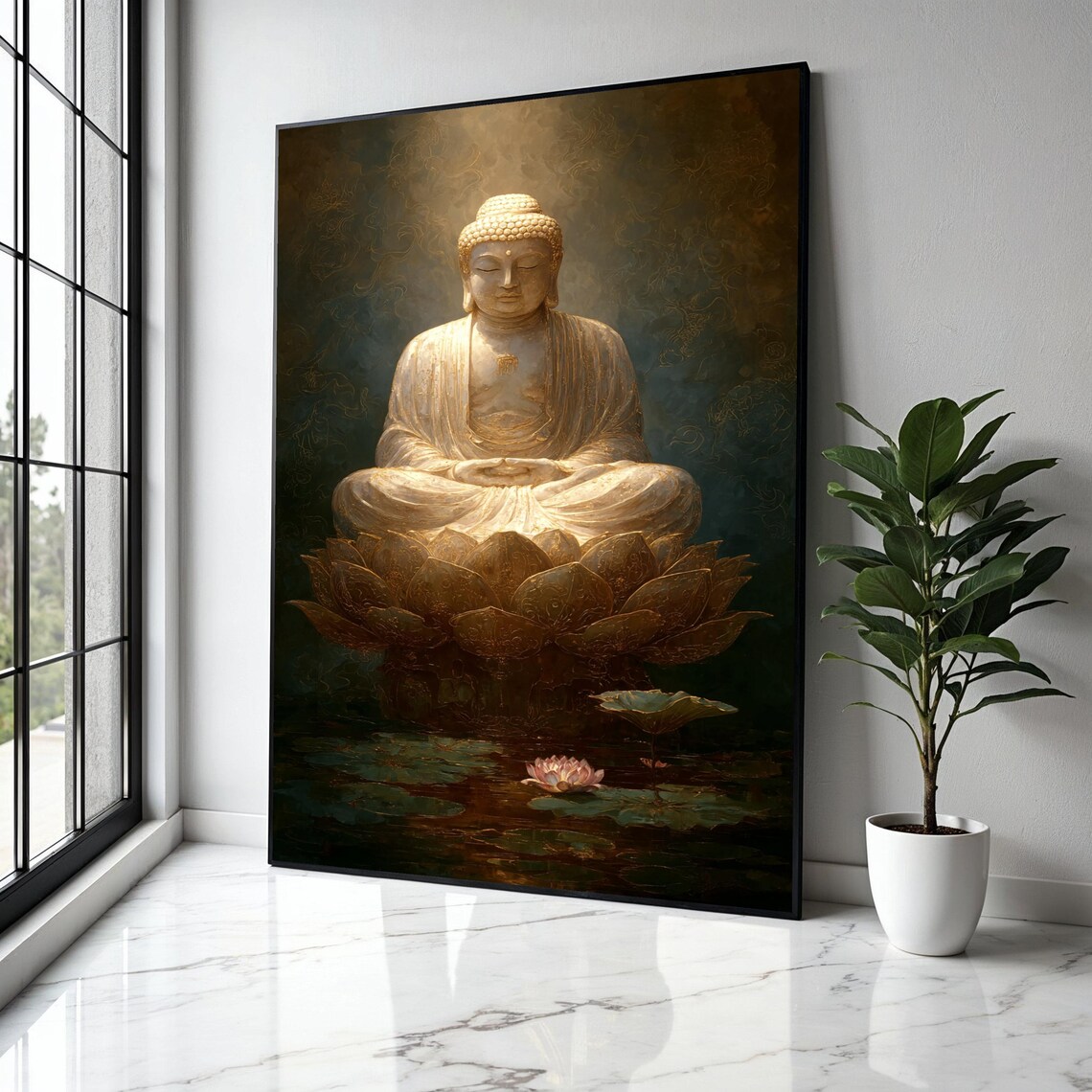 Golden Buddha Lotus Pond Glowing Spiritual Meditation Art Poster