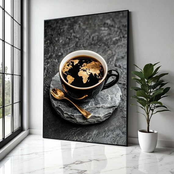 World Map Coffee Art Print, Modern Kitchen Decor