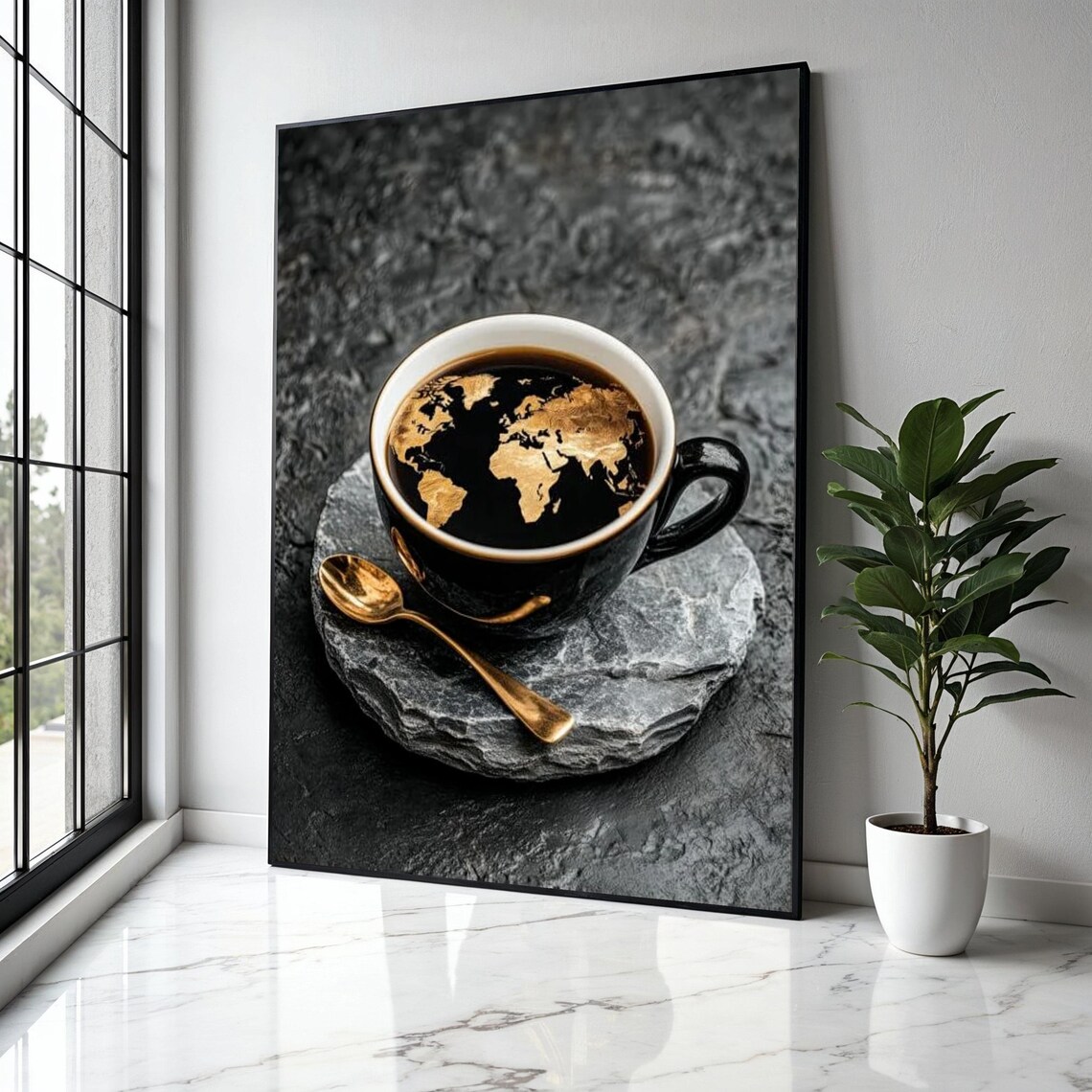 World Map Coffee Art Print, Modern Kitchen Decor