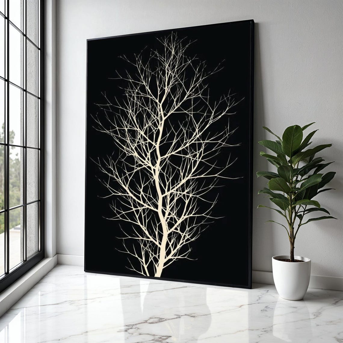 White Bare Branches Silhouette on Black Minimalist Nature Art Poster
