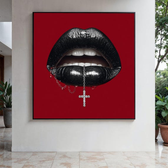 Gothic Black Lips Canvas Dark Red Background Wall Art Edgy Modern Decoration Lip With Cross Gift Home Decor Print