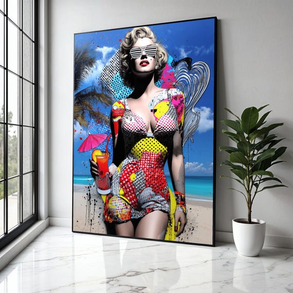 Monroe Vibrant Pop Art Beach Lady Canvas Retro Summer Wall Colorful Fashion Illustration Tropical Cocktail Gift Home Decorprint
