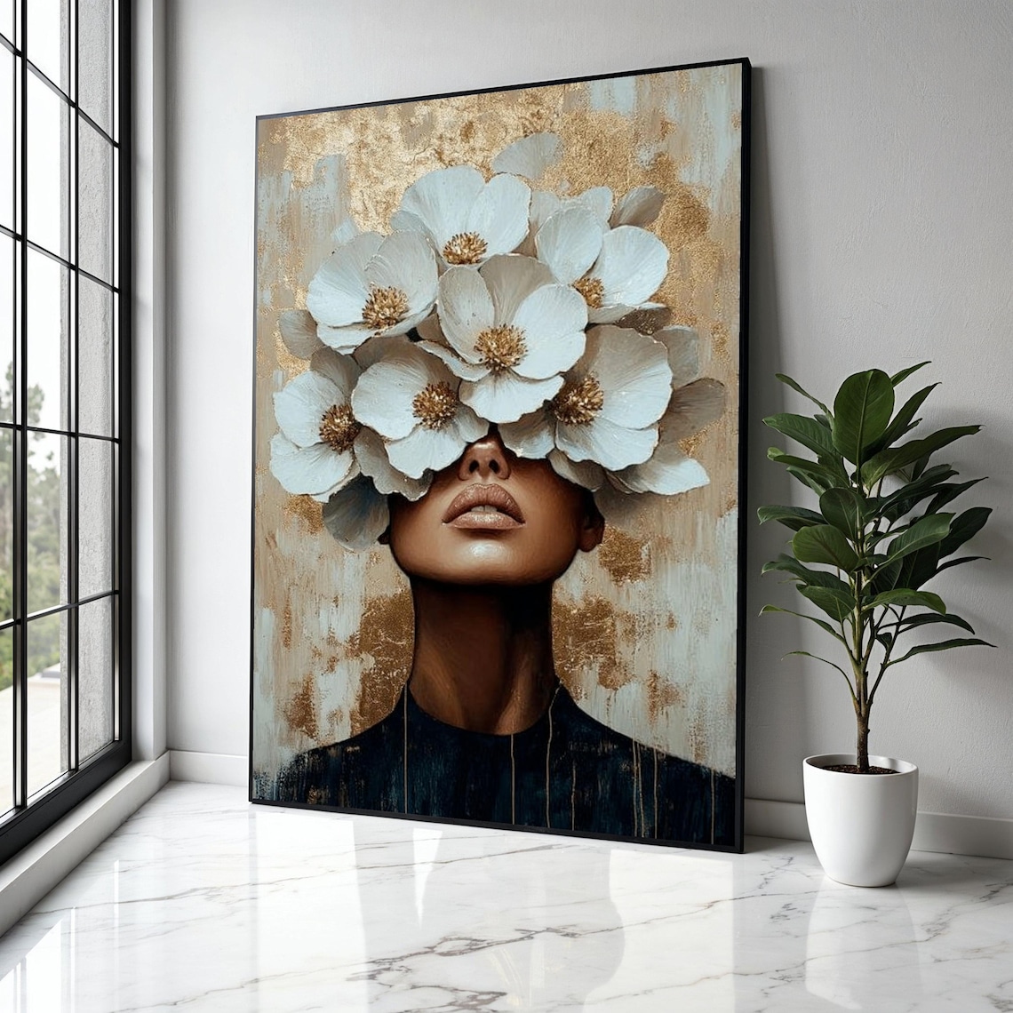 White Floral Face Woman Modern Gold Abstract Botanical Poster