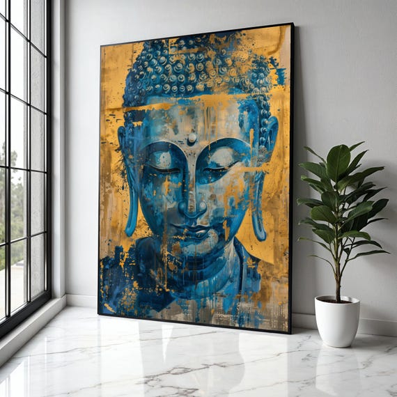Abstract Blue Buddha Canvas Spiritual Wall Art Gold Accent Meditation Decor Tranquil Zen Contemporary Gift Home Print