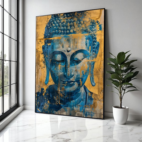 Blue Buddha Face Gold Leaf Drips Abstract Portrait Art Poster