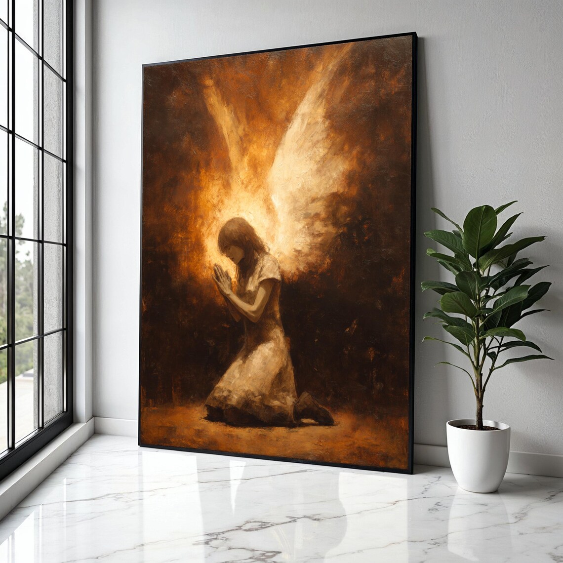 Young Praying Girl With Radiant Golden Angel Wings Of Light Poster