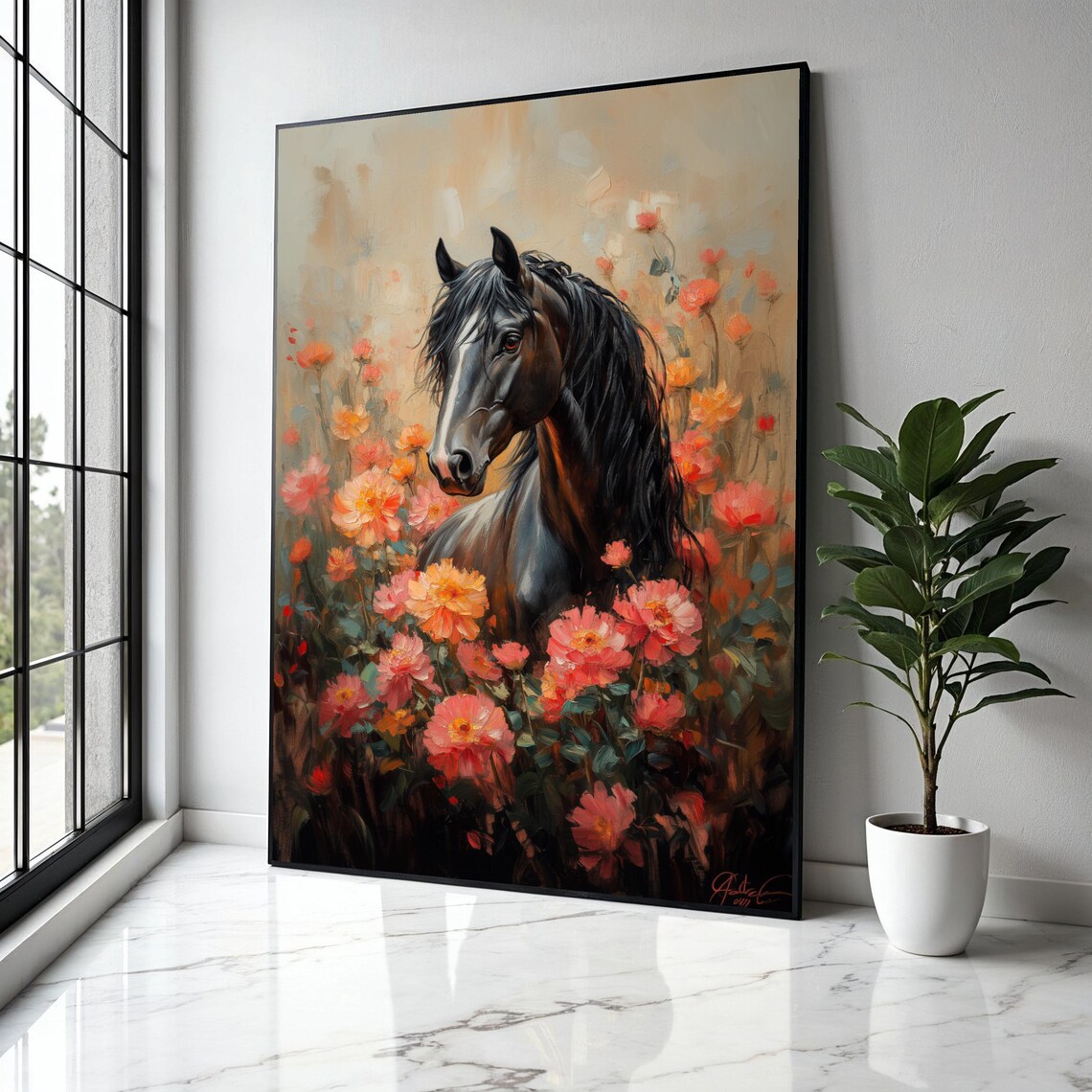 Black Horse Pink Flower Garden Romantic Floral Equine Nature Poster
