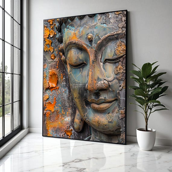 Serene Buddha Face Canvas Wall Art Rustic Patina Spiritual Meditation Decor Zen Home Decoration Peaceful Gift Print