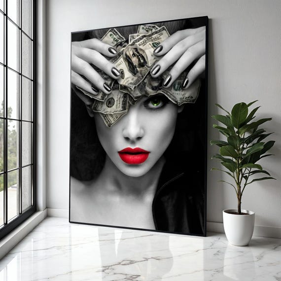 Bold Woman With Money Headpiece Canvas Modern Pop Art Wall Decor Red Lips And Green Eye Portrait Black Gift Home Print