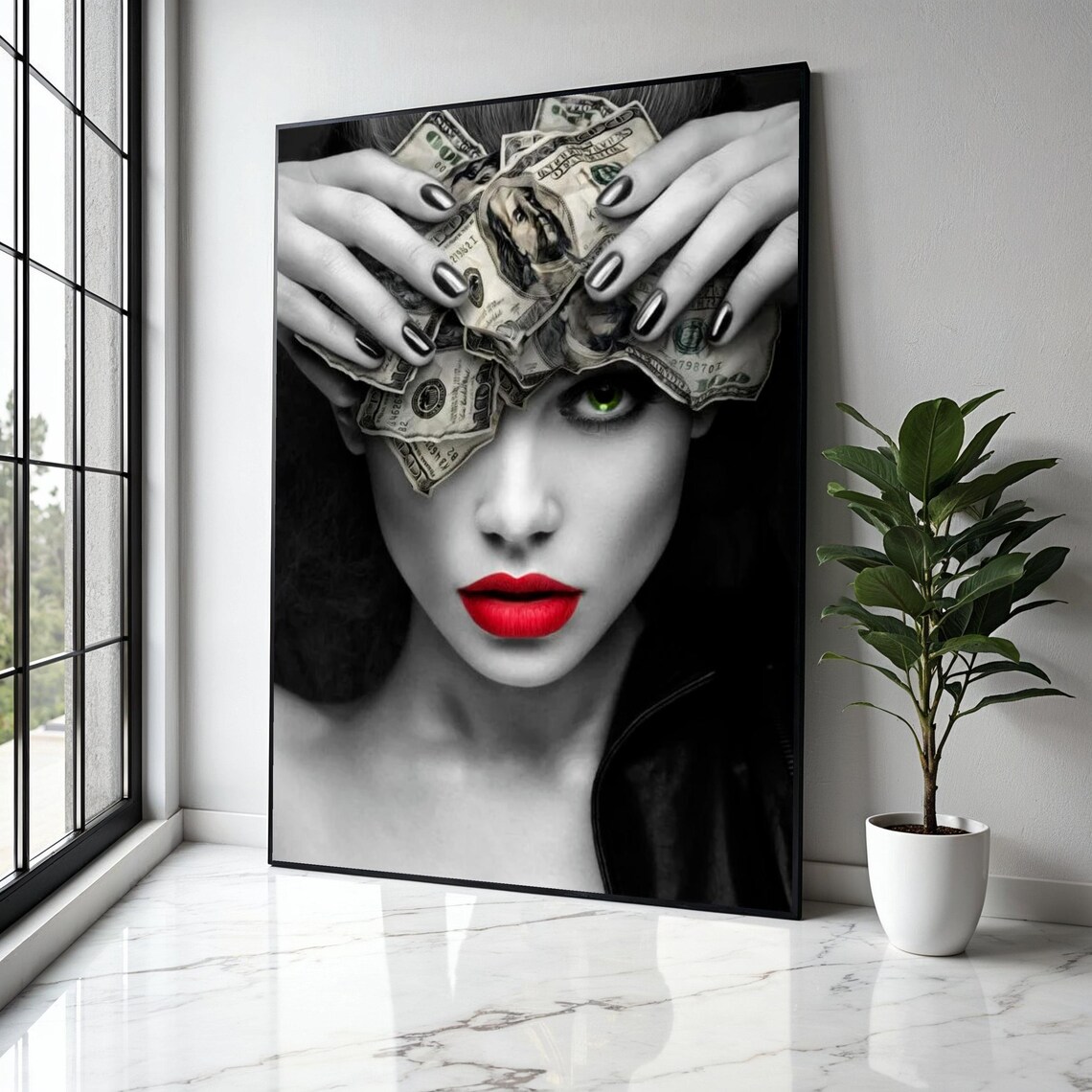Woman Red Lips Holding Money Dollar Bills Bold Pop Art Poster