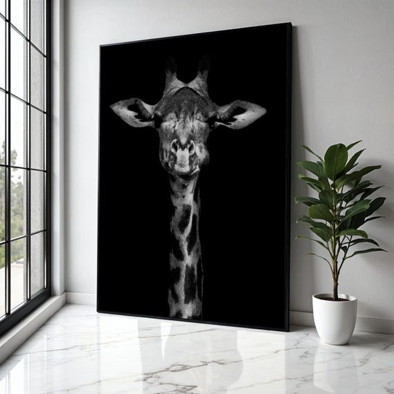 Black And White Giraffe Portrait Canvas Wildlife Animal Wall Art Modern Safari Decor Minimalist Nature Gift Home Print