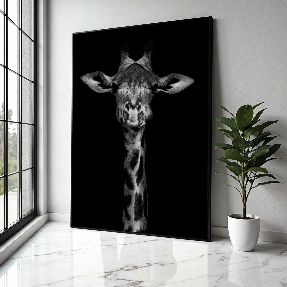Giraffe Portrait Black Background Monochrome Wildlife Art Poster