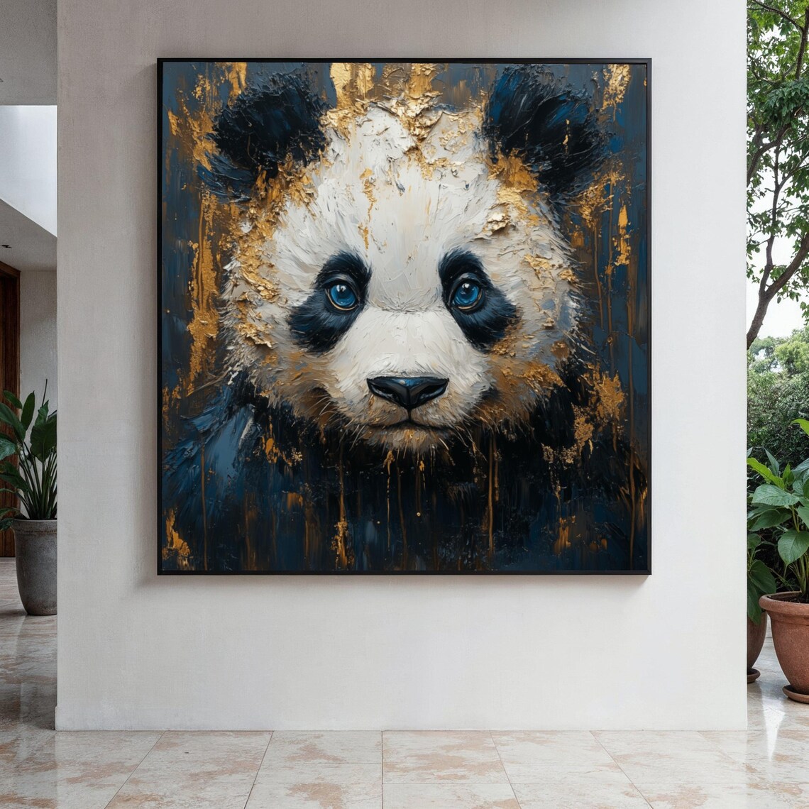 Panda Portrait With Blue Eyes Gold Leaf Impasto Animal Poster