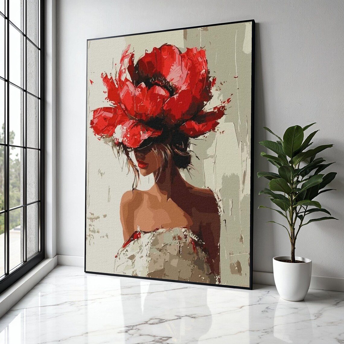 Woman With Giant Red Poppy Hat Strapless Dress Fashion Art Poster