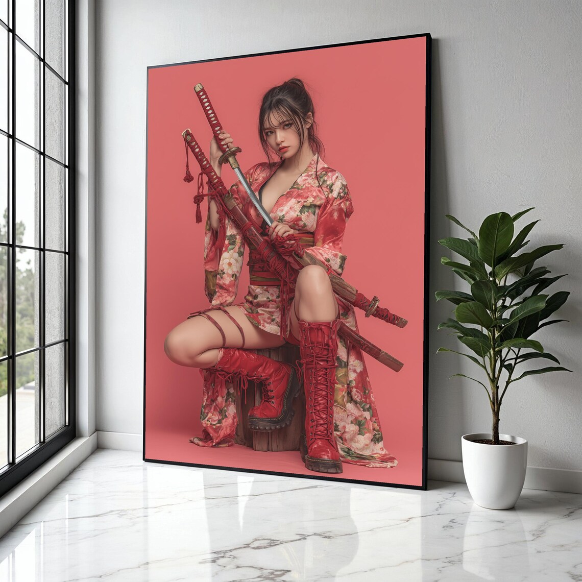 Floral Kimono Woman With Katana Swords On Red Background Poster